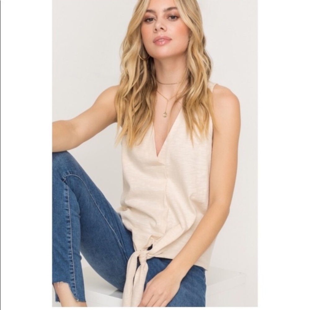 Genevieve Beige V Neck Tie Front Tank - Picture 4 of 4